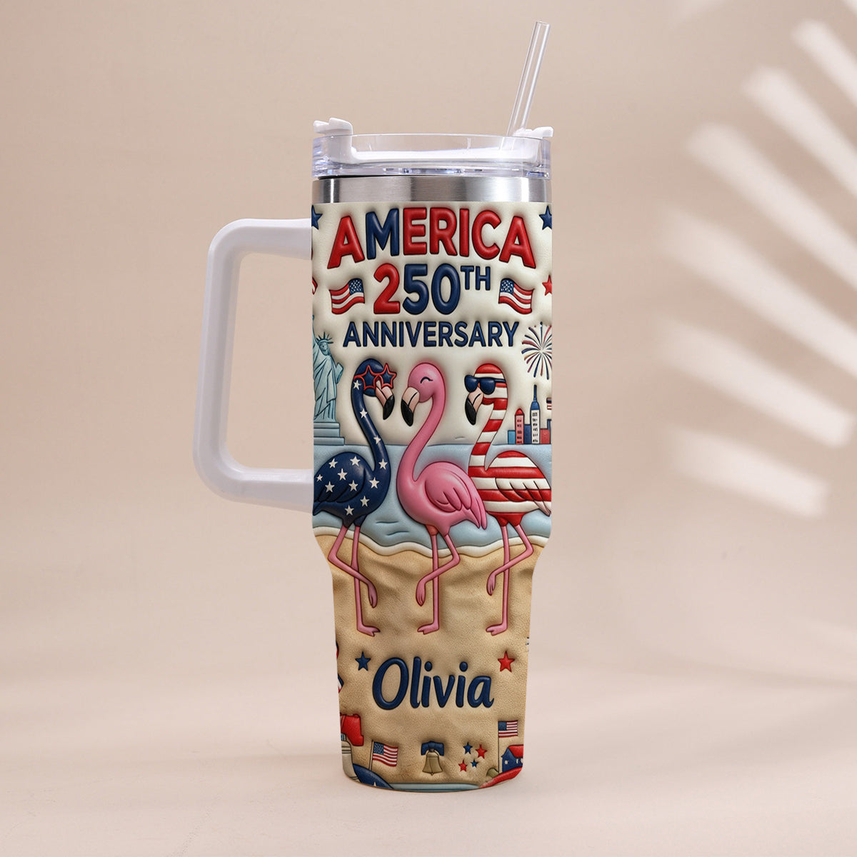 Patriotic Flamingo - Personalized Flamingo Tumbler With Handle