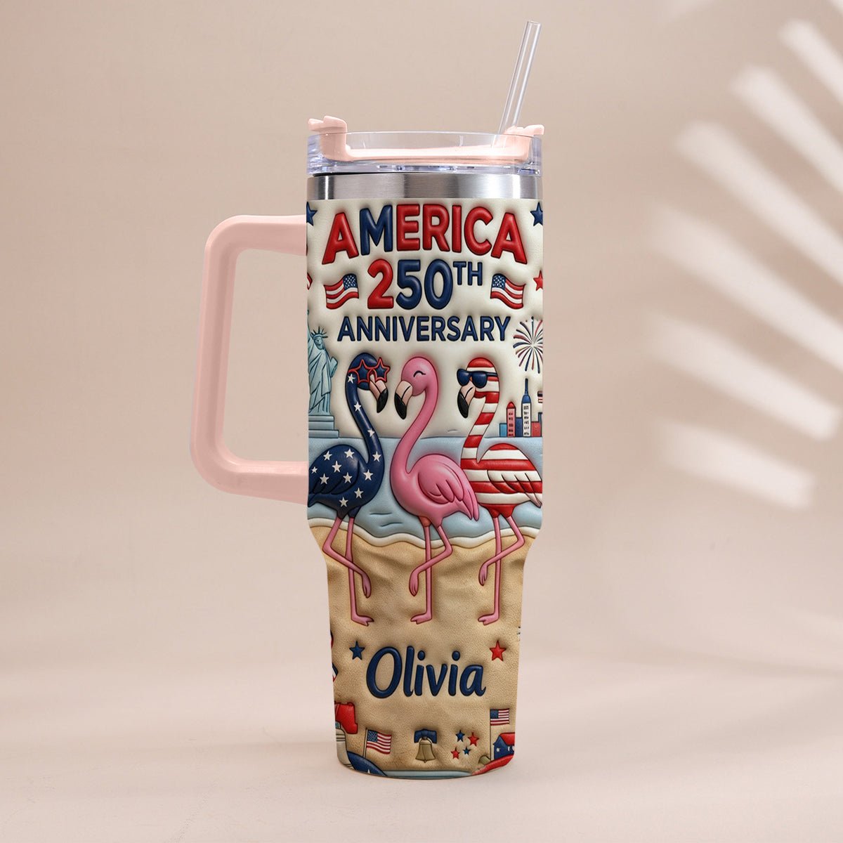 Patriotic Flamingo - Personalized Flamingo Tumbler With Handle