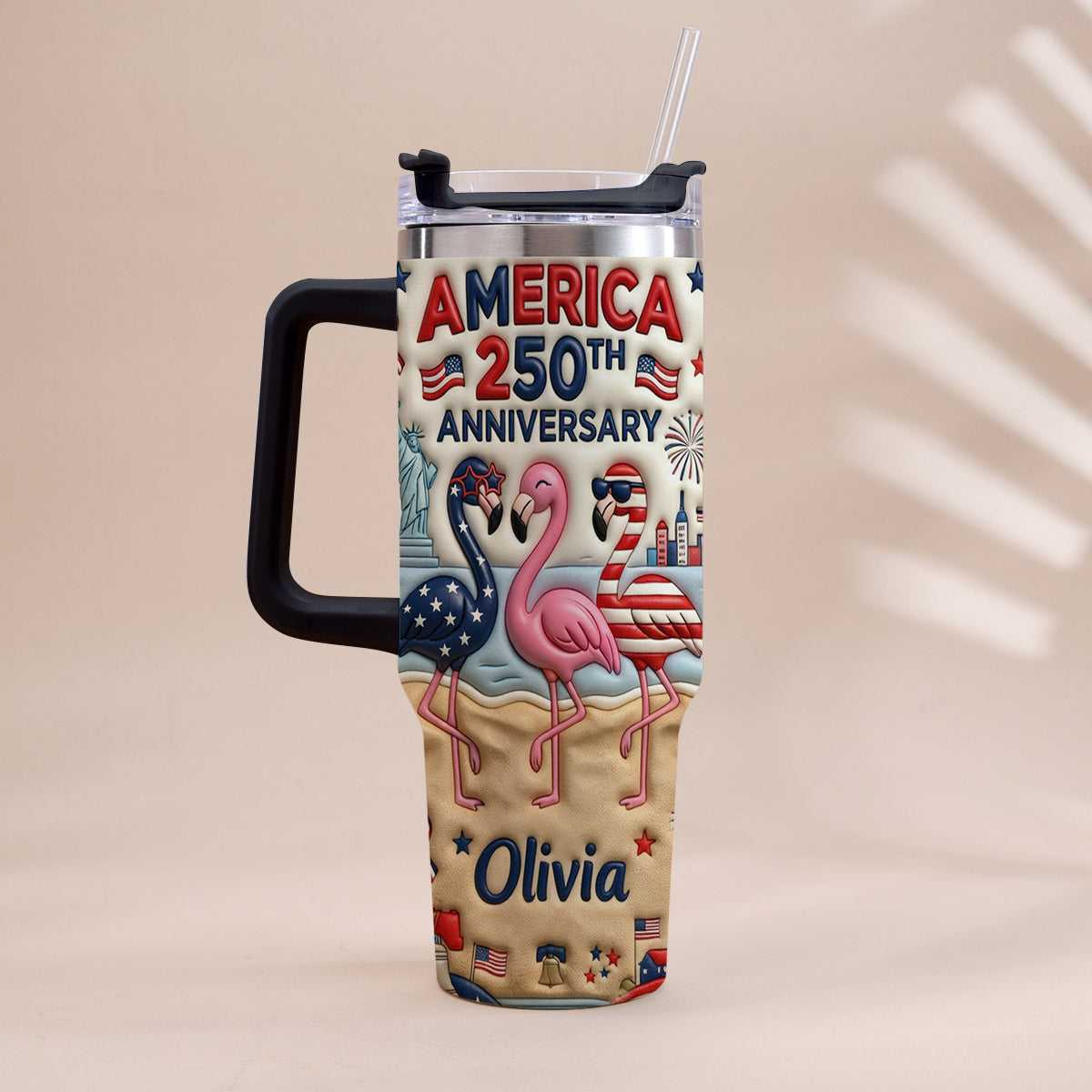 Patriotic Flamingo - Personalized Flamingo Tumbler With Handle