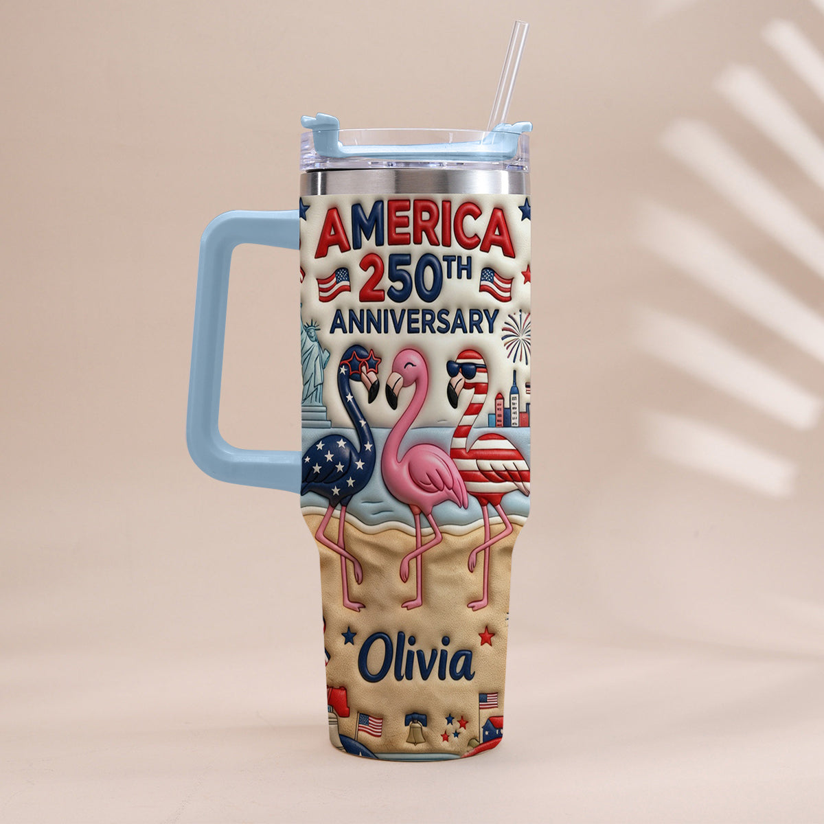 Patriotic Flamingo - Personalized Flamingo Tumbler With Handle
