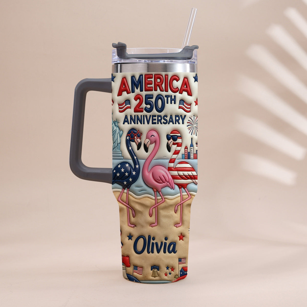 Patriotic Flamingo - Personalized Flamingo Tumbler With Handle