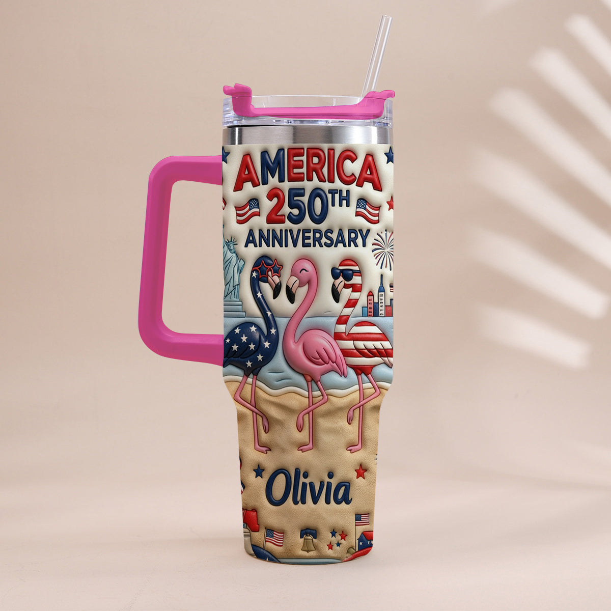Patriotic Flamingo - Personalized Flamingo Tumbler With Handle