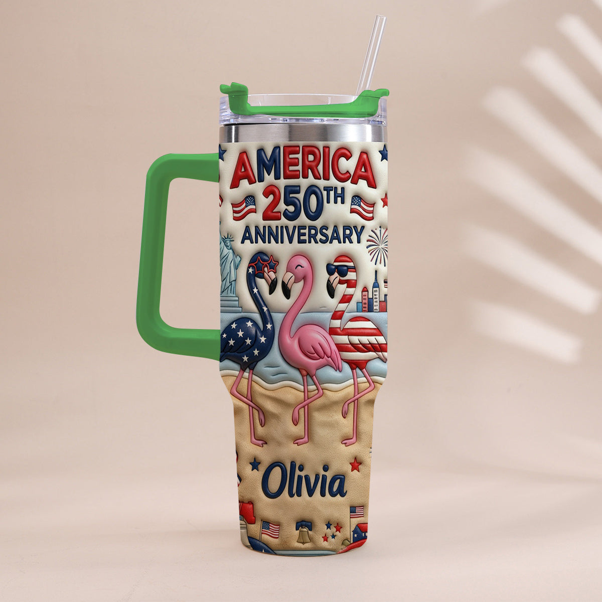 Patriotic Flamingo - Personalized Flamingo Tumbler With Handle