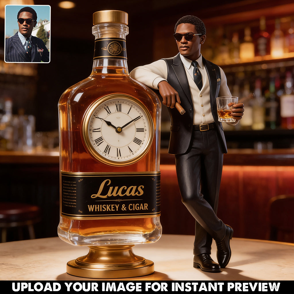 Whiskey And Cigar - Personalized Whisky Desk Clock Plaque