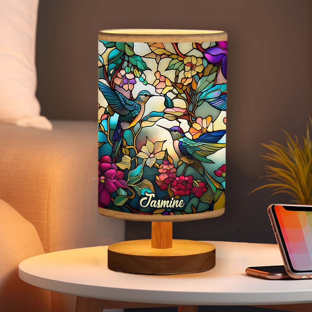 Stunning Hummingbird - Personalized Tableside Lamp With Wood Base