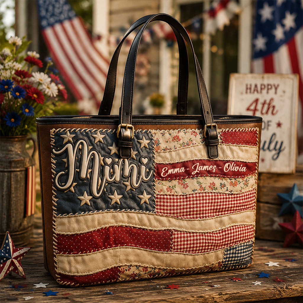 Patriotic Patchwork American Flag - Personalized Grandma Leather Bag