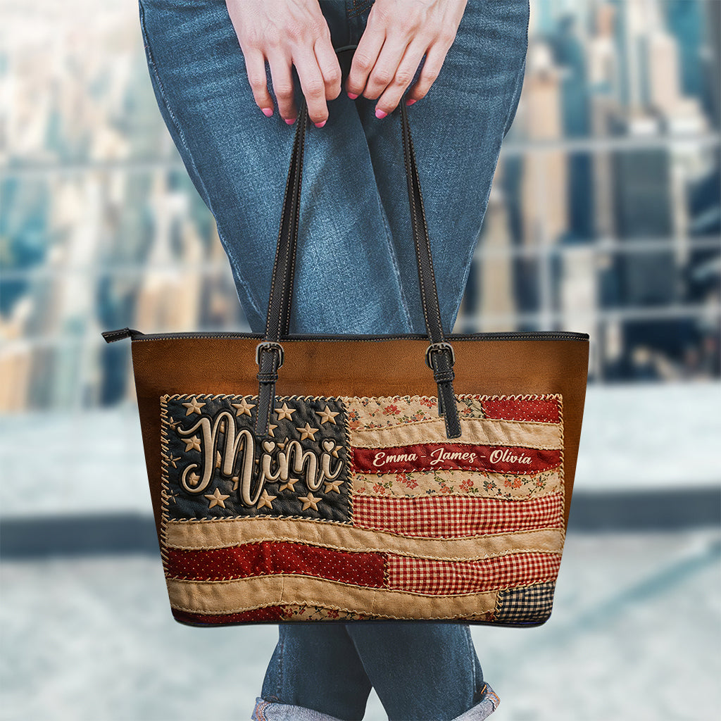 Patriotic Patchwork American Flag - Personalized Grandma Leather Bag