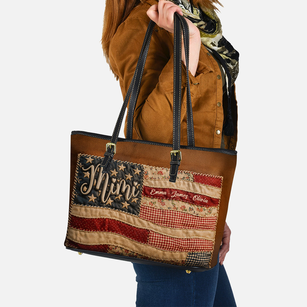 Patriotic Patchwork American Flag - Personalized Grandma Leather Bag