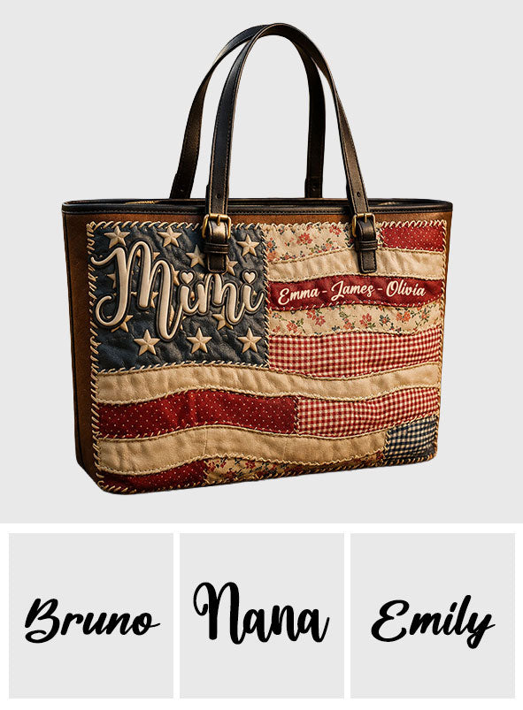 Patriotic Patchwork American Flag - Personalized Grandma Leather Bag