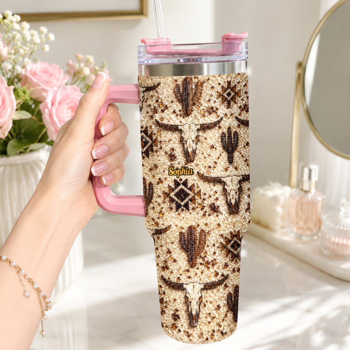 Western Pattern - Personalized Western Outfit Rhinestone Tumbler With Plush Charm