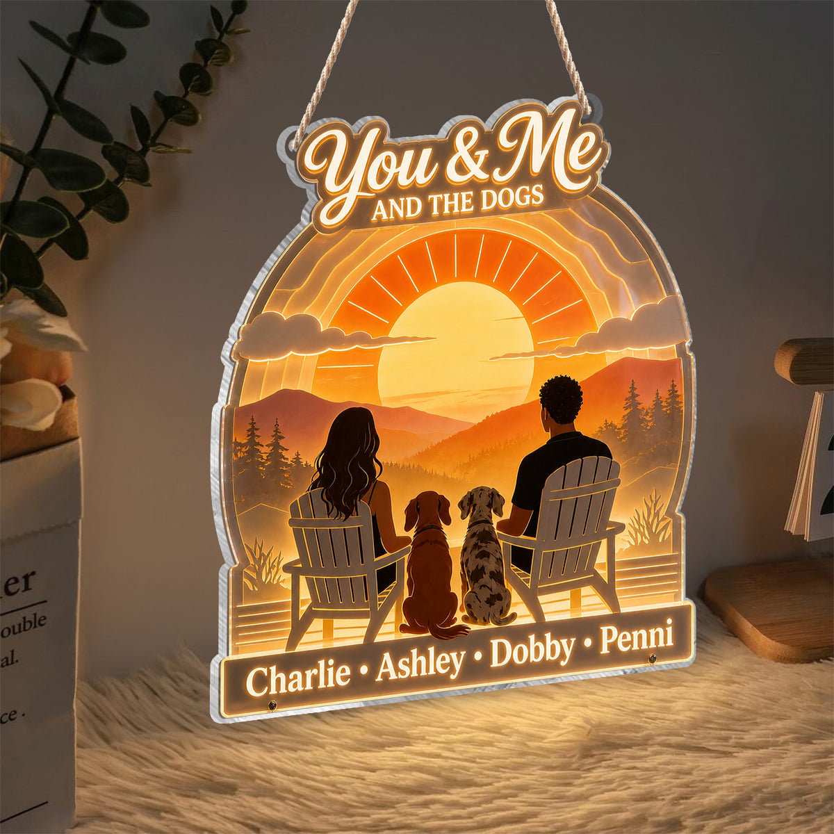 You & Me And The Dogs - Personalized Couple LED Light Acrylic Sign