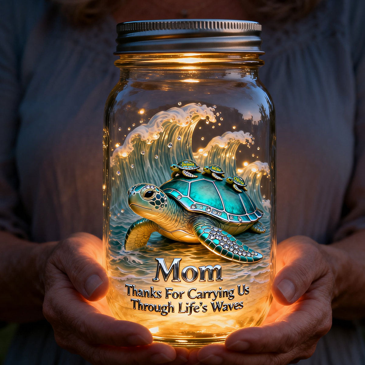 Thanks For Carrying Us Through Life's Waves - Personalized Turtle Mason Jar Light