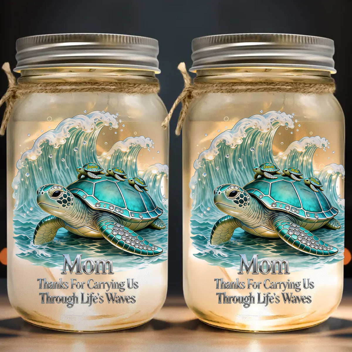 Thanks For Carrying Us Through Life's Waves - Personalized Turtle Mason Jar Light
