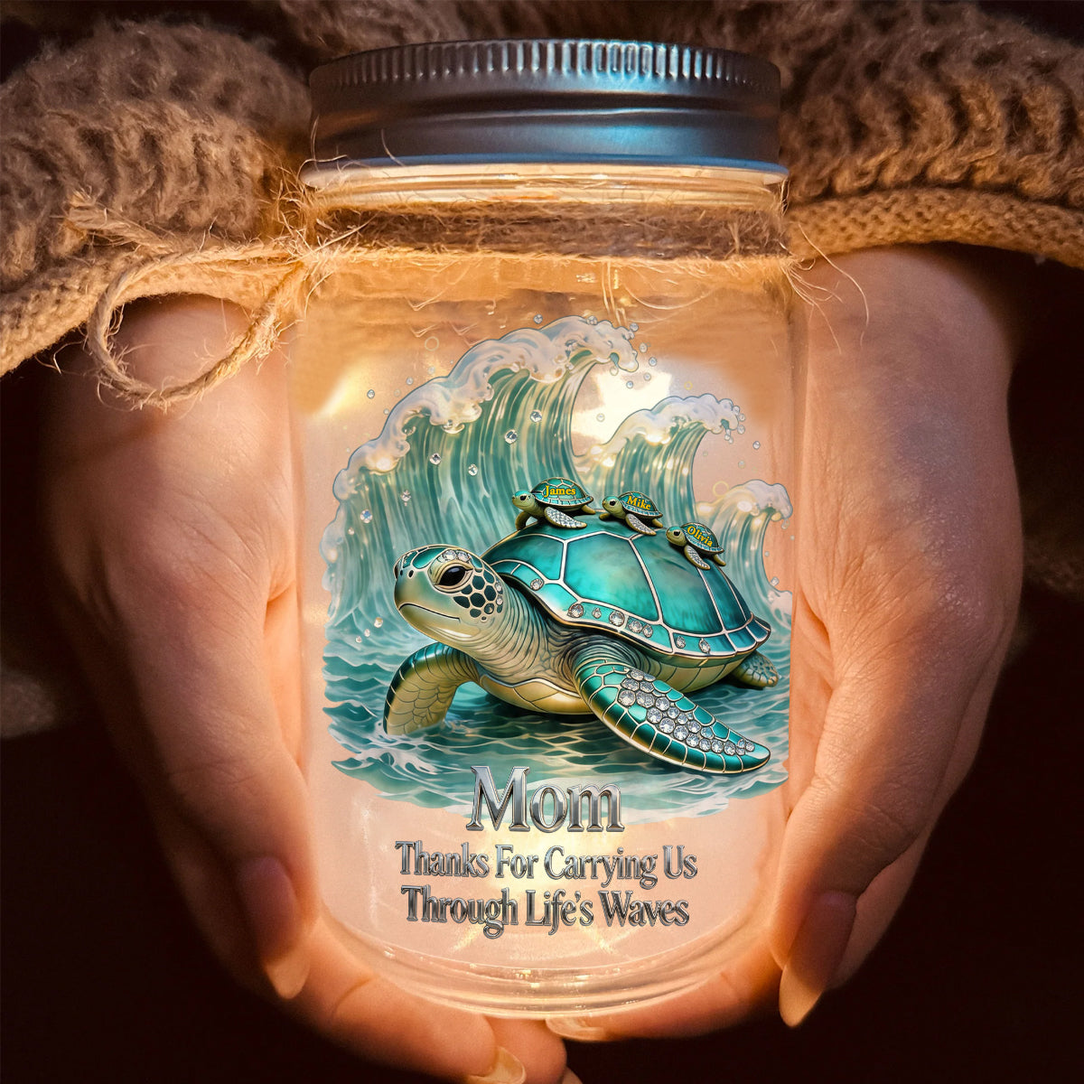 Thanks For Carrying Us Through Life's Waves - Personalized Turtle Mason Jar Light