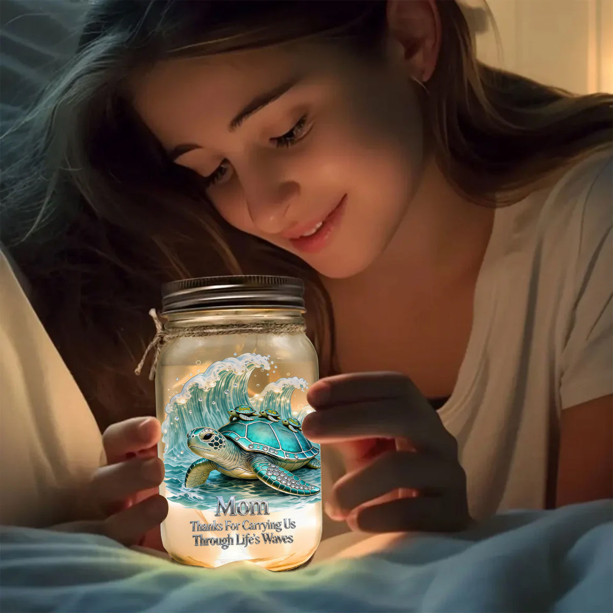 Thanks For Carrying Us Through Life's Waves - Personalized Turtle Mason Jar Light