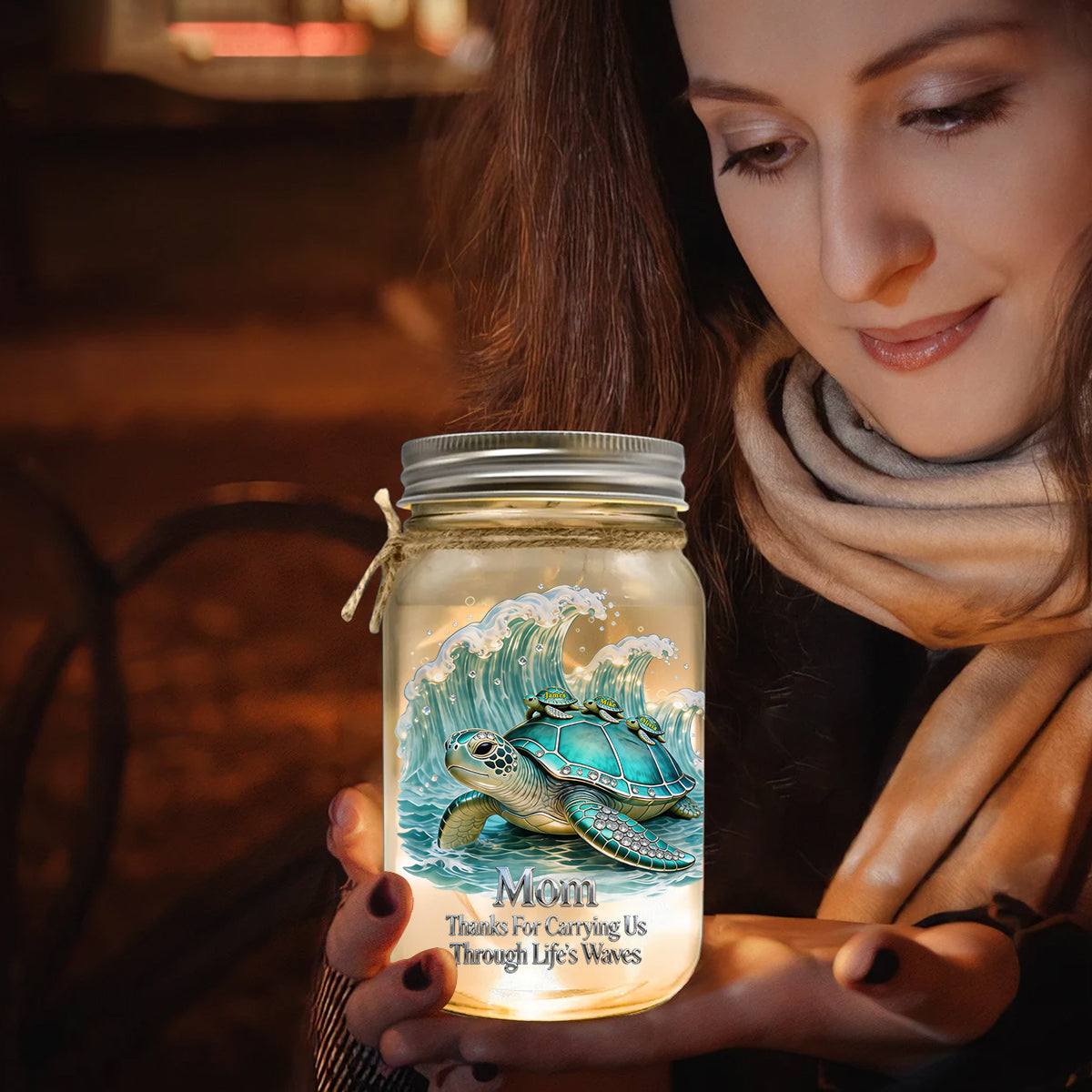 Thanks For Carrying Us Through Life's Waves - Personalized Turtle Mason Jar Light