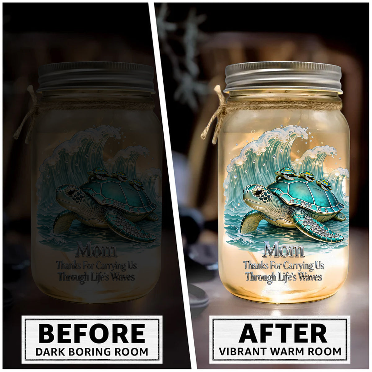 Thanks For Carrying Us Through Life's Waves - Personalized Turtle Mason Jar Light