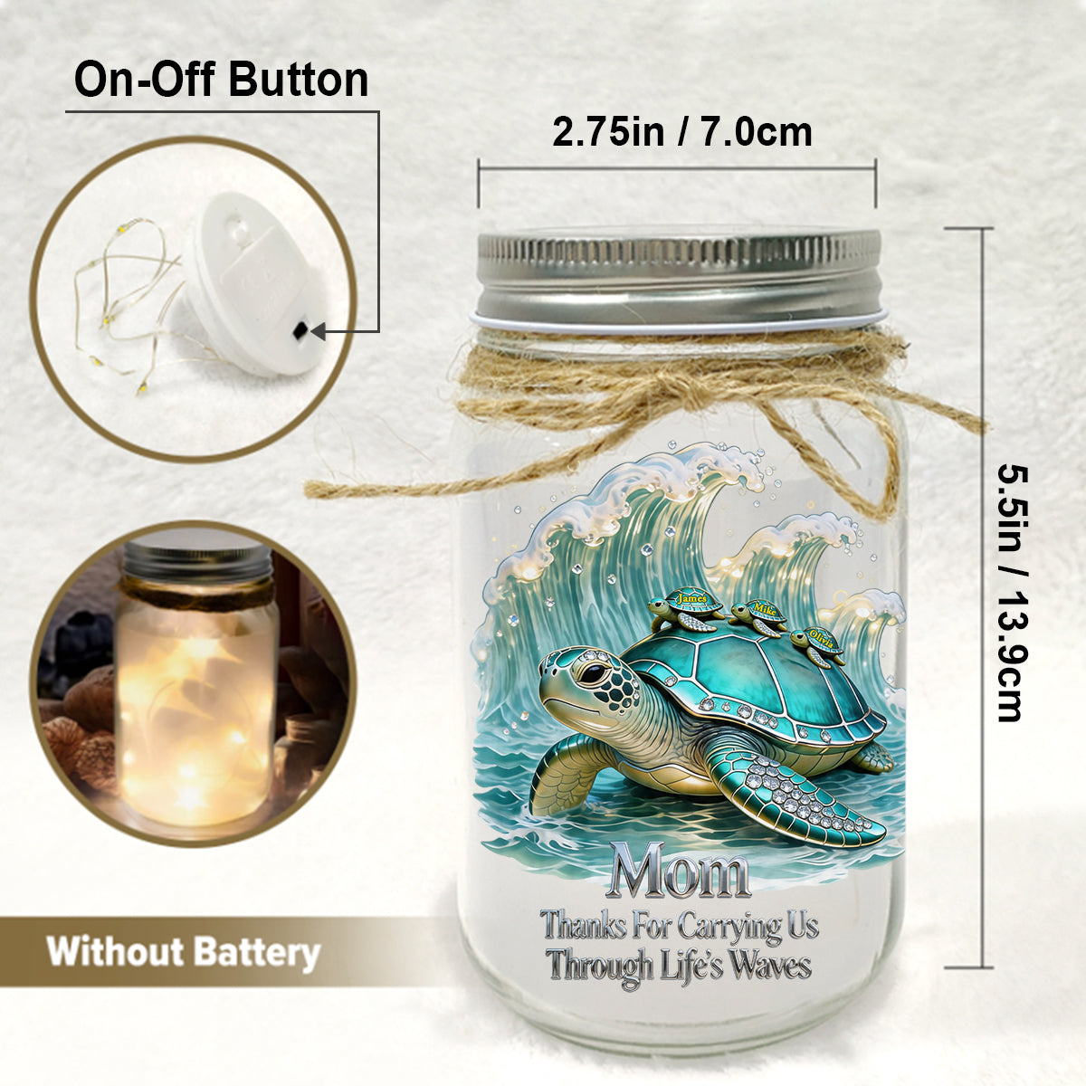 Thanks For Carrying Us Through Life's Waves - Personalized Turtle Mason Jar Light