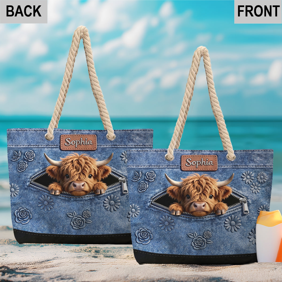 Love Highland Cows - Personalized Highland Cow Beach Bag