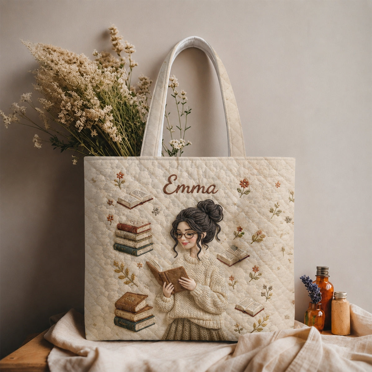 Love Reading - Personalized Book Quilted Tote Bag With Plush Charm