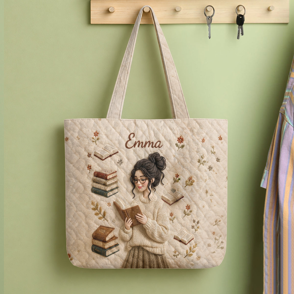 Love Reading - Personalized Book Quilted Tote Bag With Plush Charm