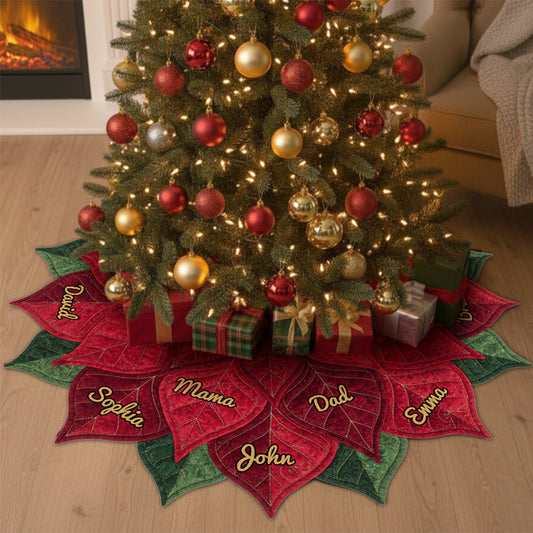 Name Custom Poinsettia Tree Skirt For Big Family, Merry Christmas 2025 - Personalized Family Shaped Tree Skirt