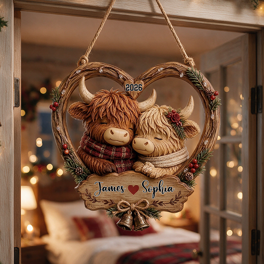 Our Christmas Together - Personalized Highland Cow Custom Shaped Wood Sign