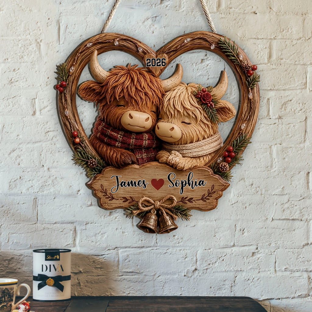 Our Christmas Together - Personalized Highland Cow Custom Shaped Wood Sign