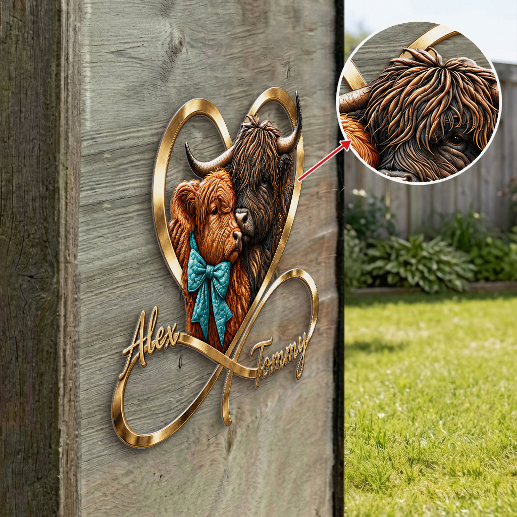 Love You Infinite - Personalized Highland Cow 3D Printed Cut Metal Sign