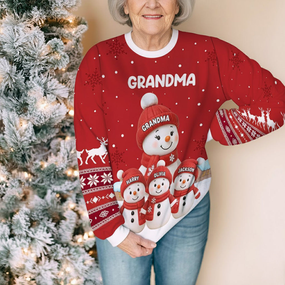 Grandma Snowman Family Sweatshirt, Personalized All-Over Print, Snowy Village Scene, a Unique Christmas Gift for Grandma