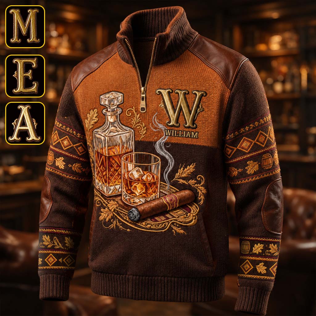 Whiskey And Cigar - Personalized Whisky Men Zip-Up Sweatshirt