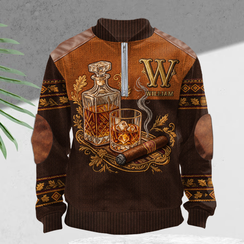 Whiskey And Cigar - Personalized Whisky Men Zip-Up Sweatshirt