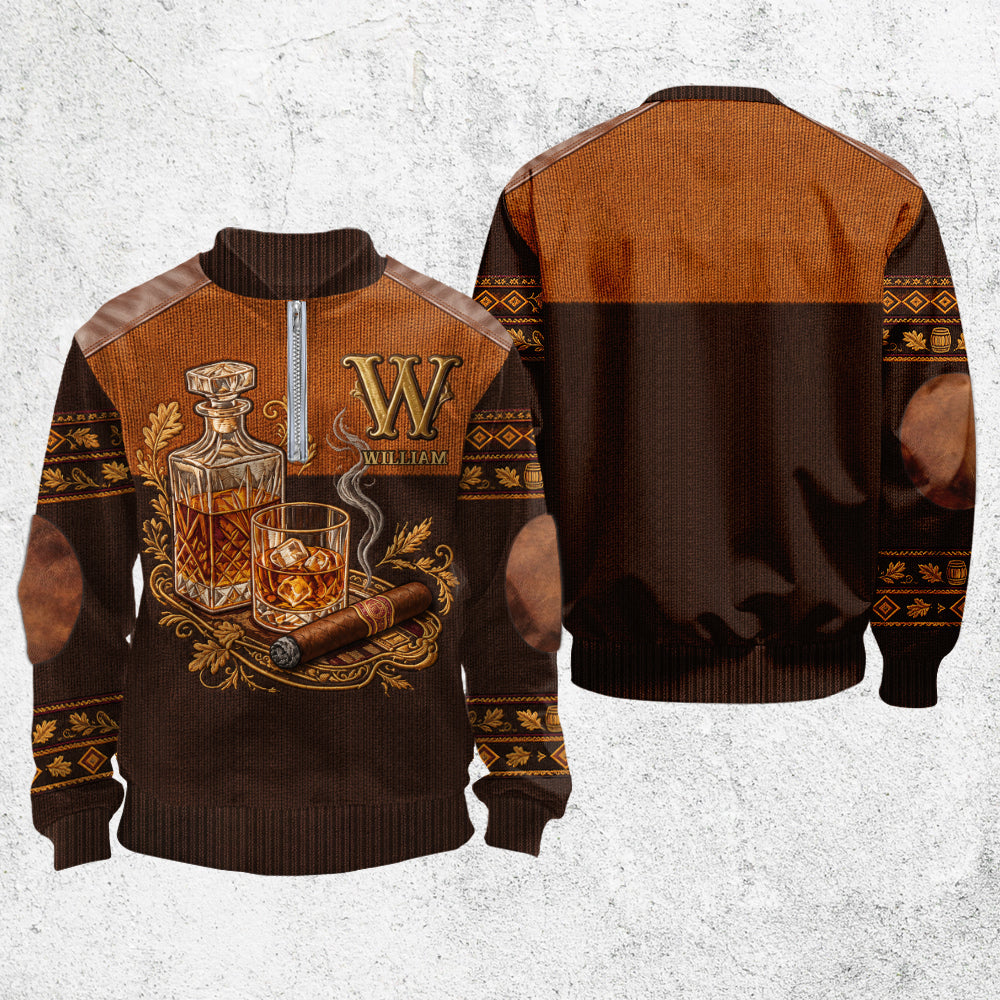 Whiskey And Cigar - Personalized Whisky Men Zip-Up Sweatshirt