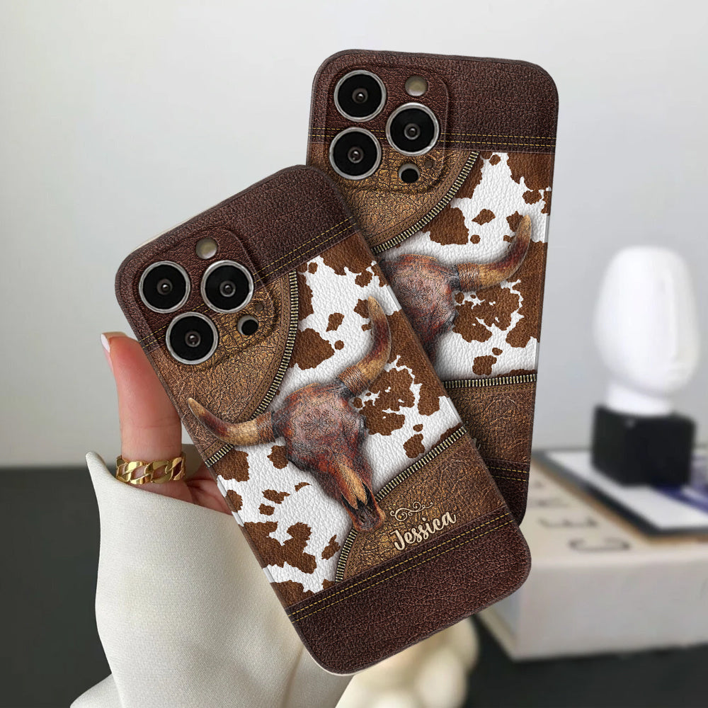 Skeleton Bull Skull - Personalized Western Leather Phone Case