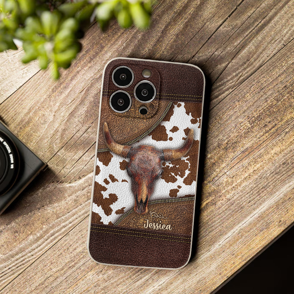 Skeleton Bull Skull - Personalized Western Leather Phone Case