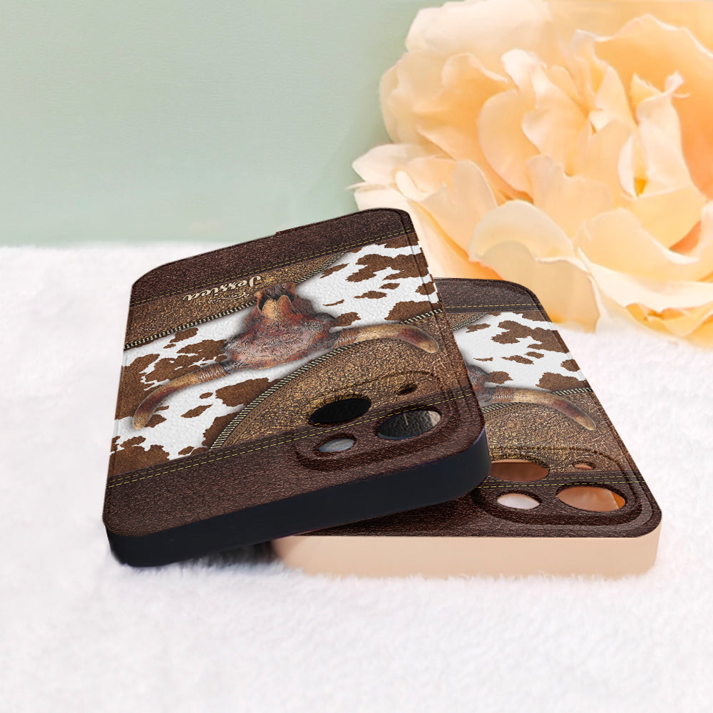 Skeleton Bull Skull - Personalized Western Leather Phone Case
