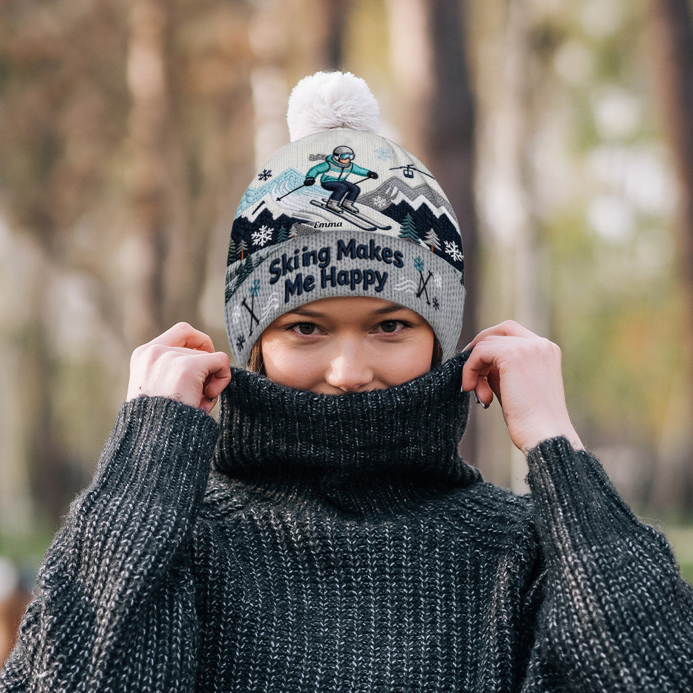 Skiing Makes Me Happy - Personalized Skiing Beanie Hat