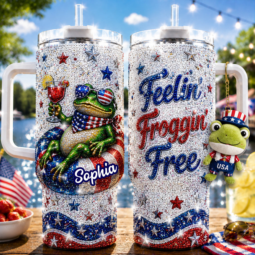 Love Frog, Celebrate 4th Of July - Personalized Frog Rhinestone Tumbler With Plush Charm