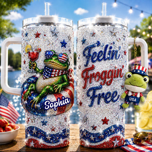 Love Frog, Celebrate 4th Of July - Personalized Frog Rhinestone Tumbler With Plush Charm
