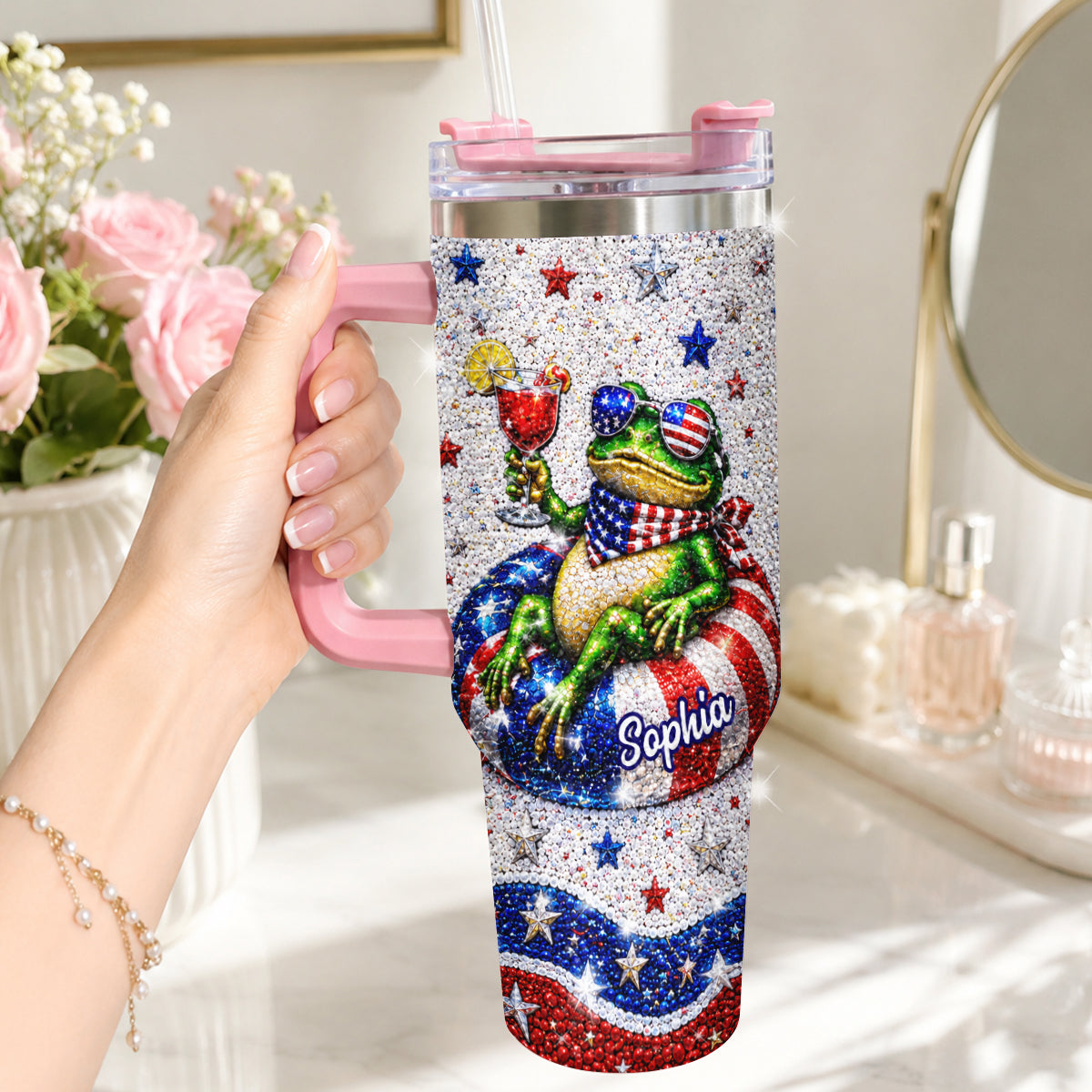 Love Frog, Celebrate 4th Of July - Personalized Frog Rhinestone Tumbler With Plush Charm
