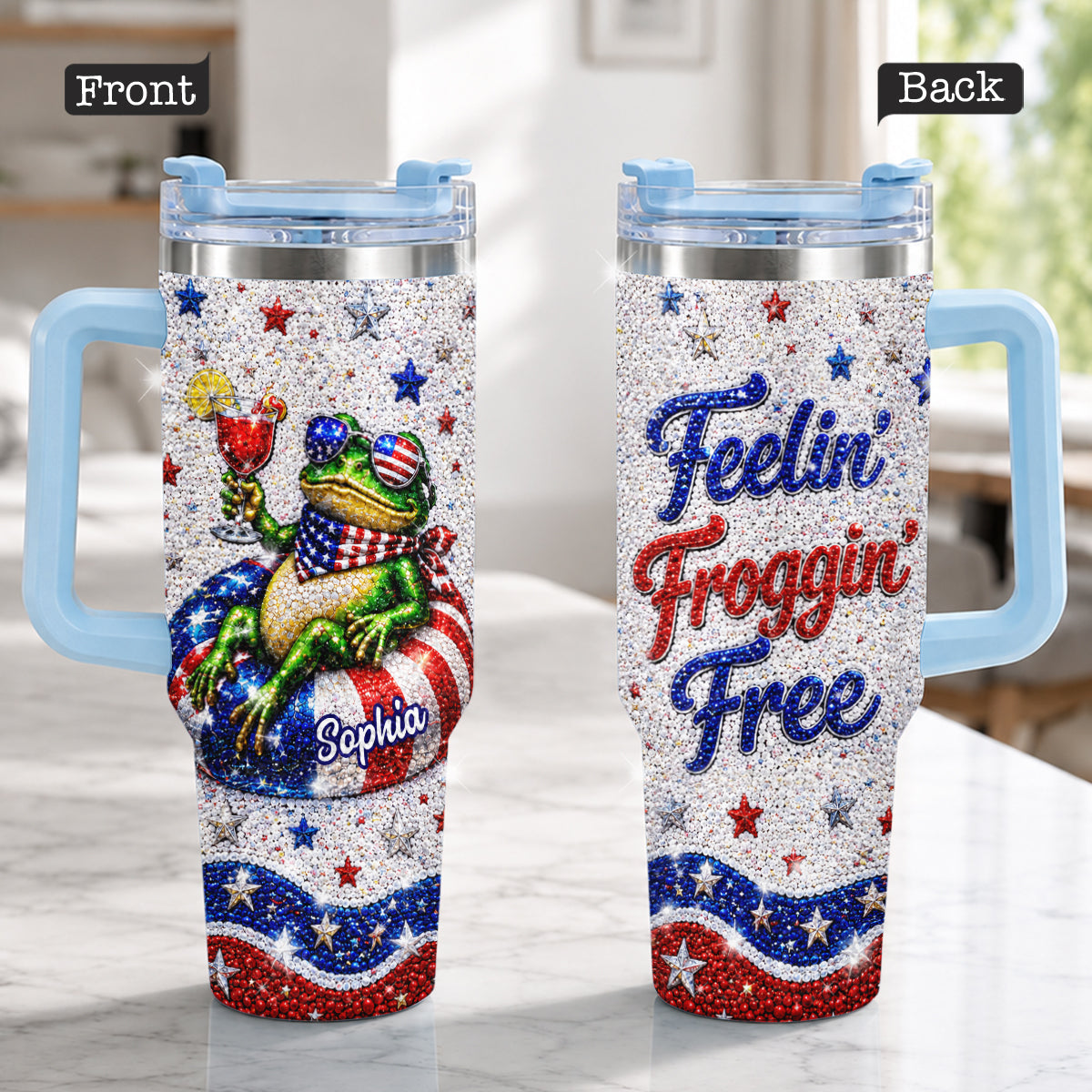 Love Frog, Celebrate 4th Of July - Personalized Frog Rhinestone Tumbler With Plush Charm