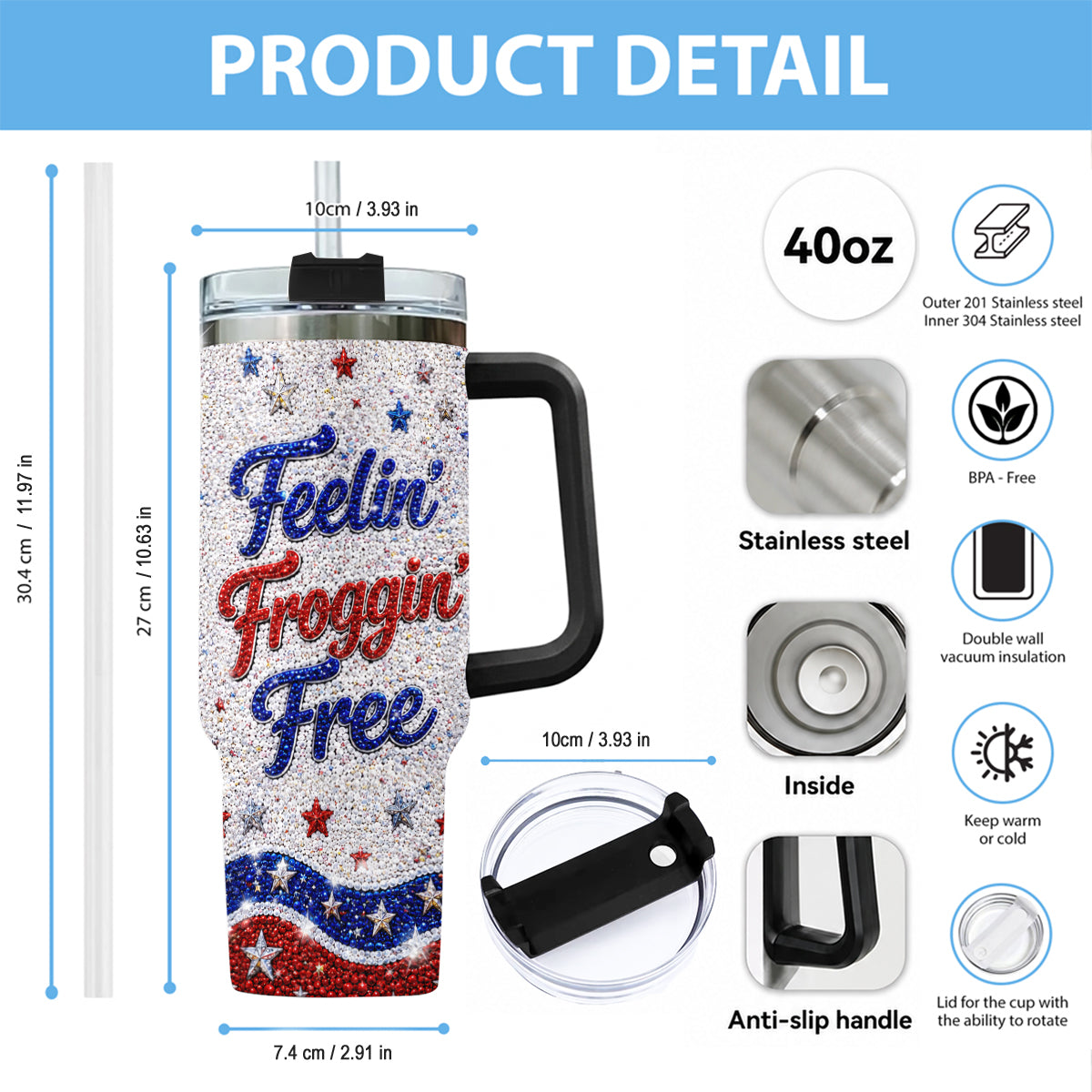 Love Frog, Celebrate 4th Of July - Personalized Frog Rhinestone Tumbler With Plush Charm