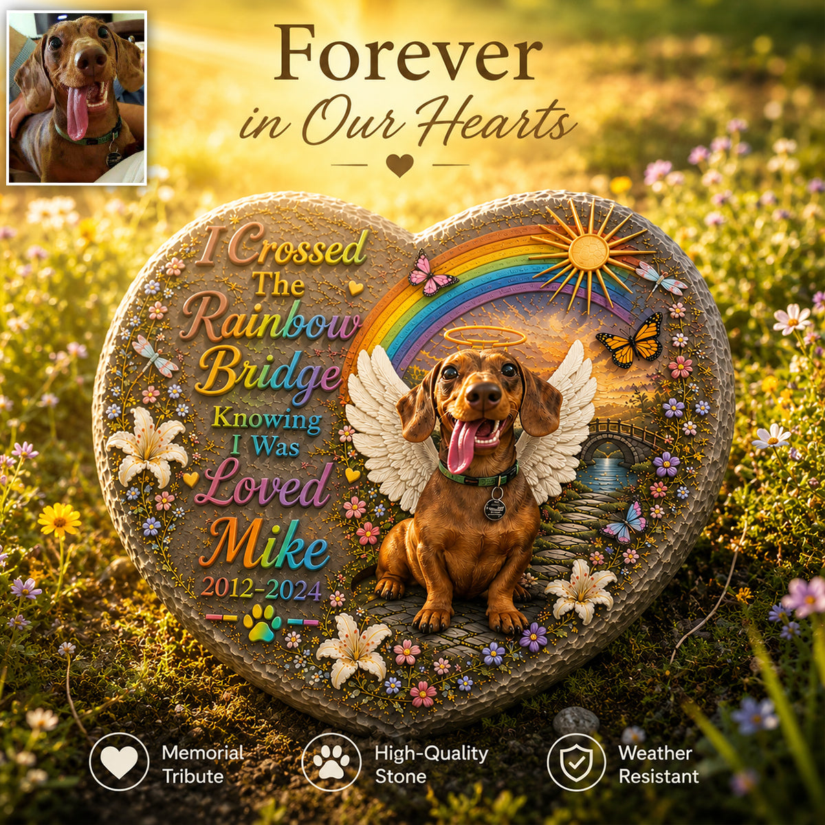 Dog Memorial, I Crossed The Rainbow Bridge - Personalized Dog Heart Shaped Stone