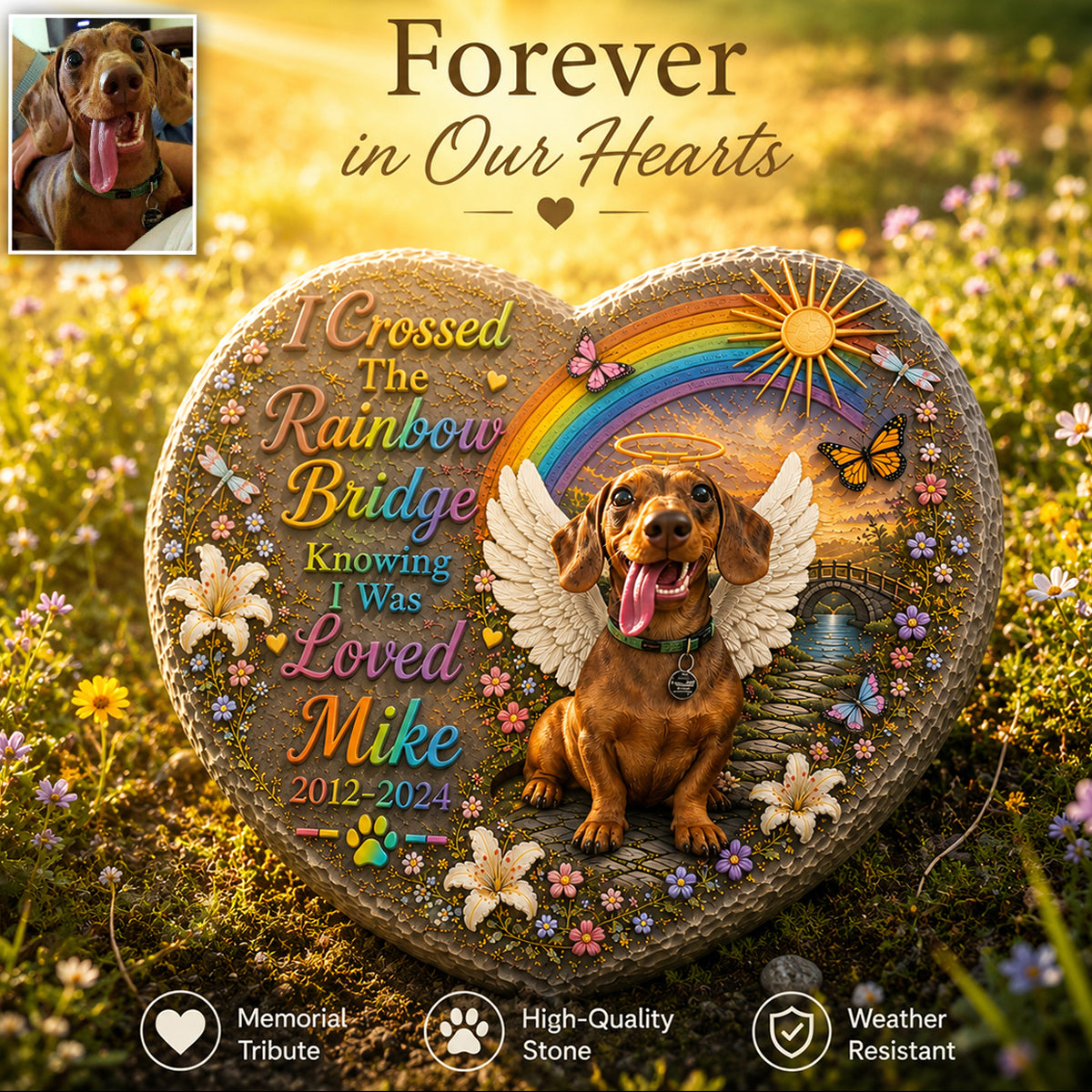 Dog Memorial, I Crossed The Rainbow Bridge - Personalized Dog Heart Shaped Stone