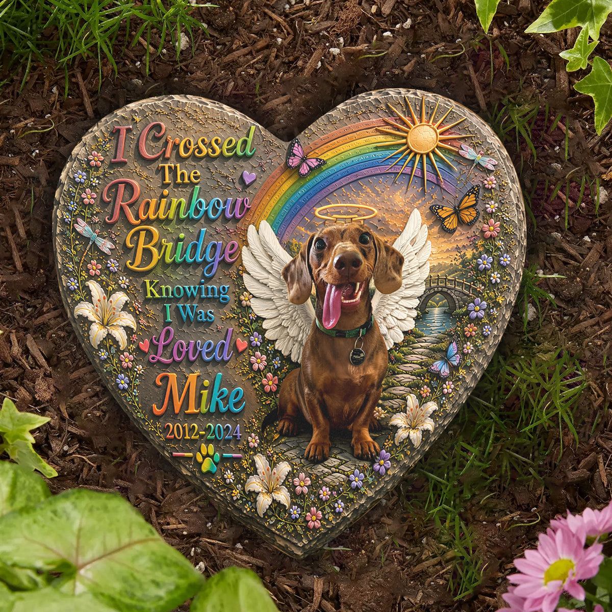 Dog Memorial, I Crossed The Rainbow Bridge - Personalized Dog Heart Shaped Stone