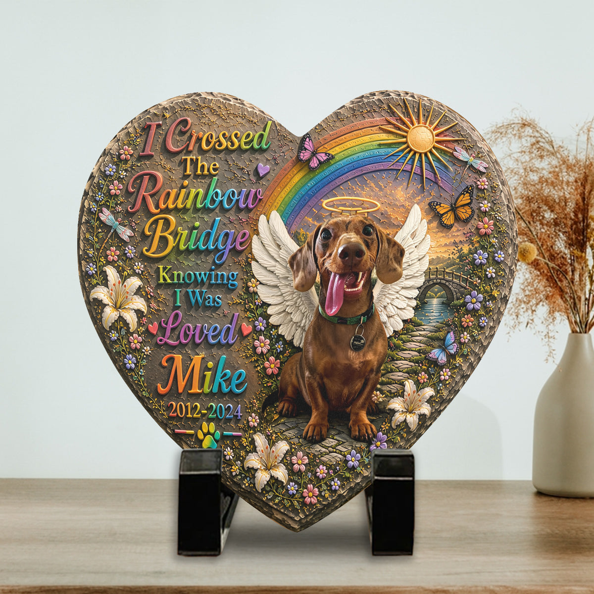 Dog Memorial, I Crossed The Rainbow Bridge - Personalized Dog Heart Shaped Stone