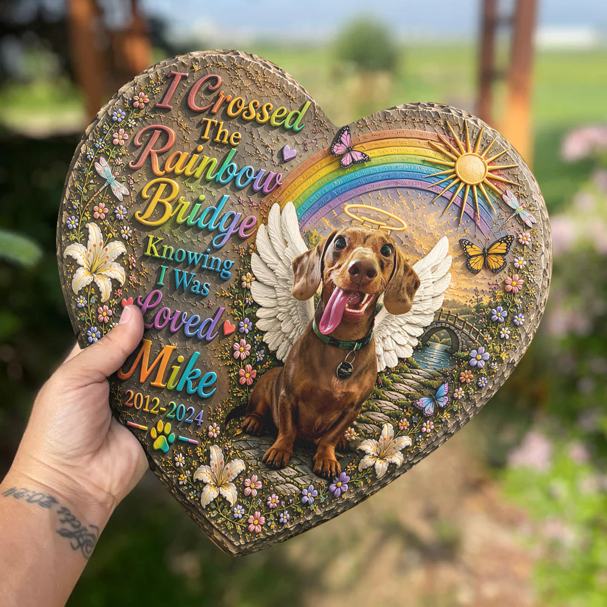 Dog Memorial, I Crossed The Rainbow Bridge - Personalized Dog Heart Shaped Stone