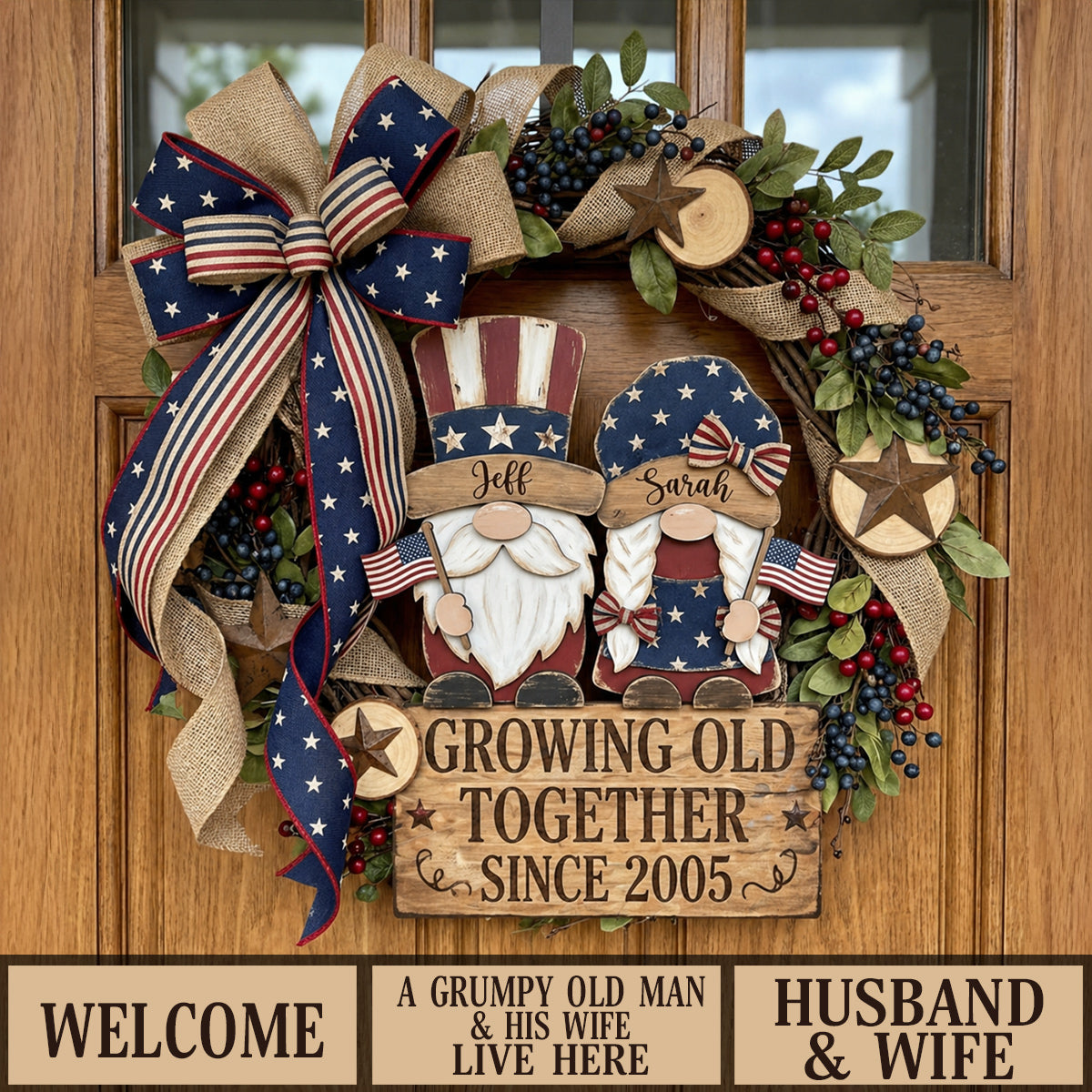 Patriotic Gnome Couple - Personalized Couple Custom Shaped Wood Sign