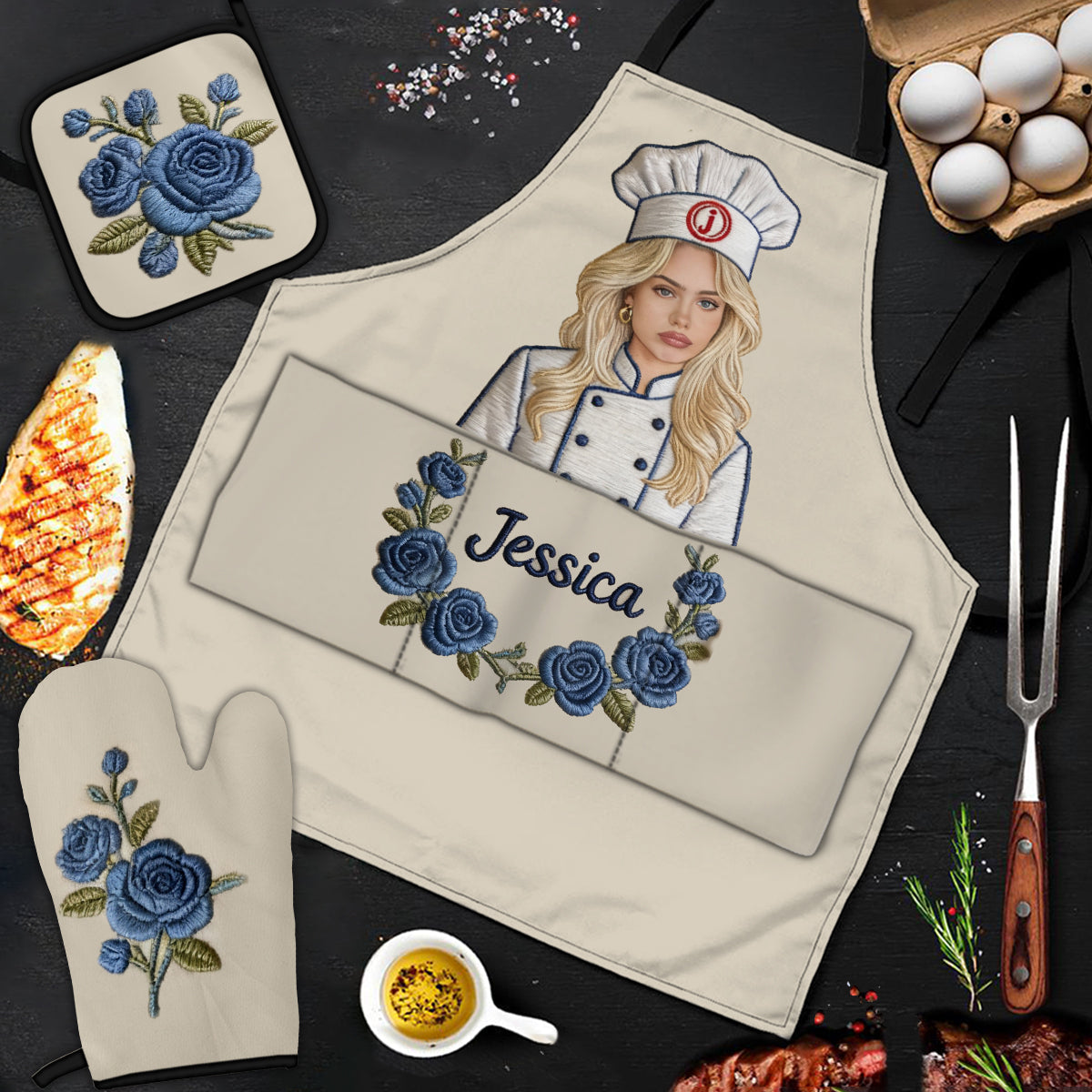 Master Cook - Personalized Cooking Apron, Oven Mitts & Pot Holder