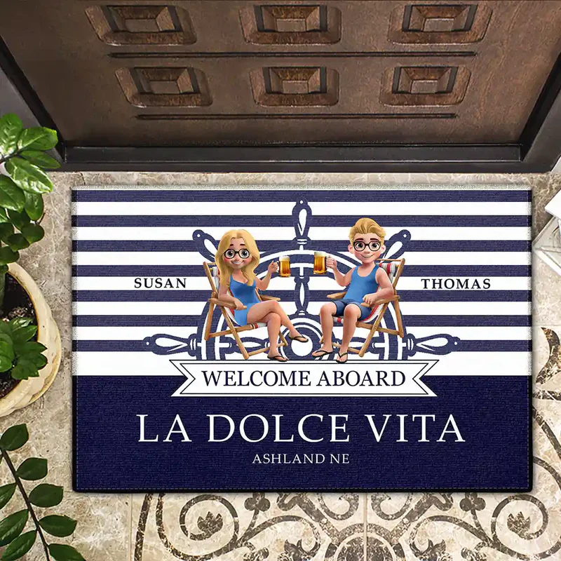 Welcome Aboard Personalized Standard Doormat for Boat Lovers, Cozy Coastal Entryway Vibe with Relaxing Couple Art, Unique Gift Idea